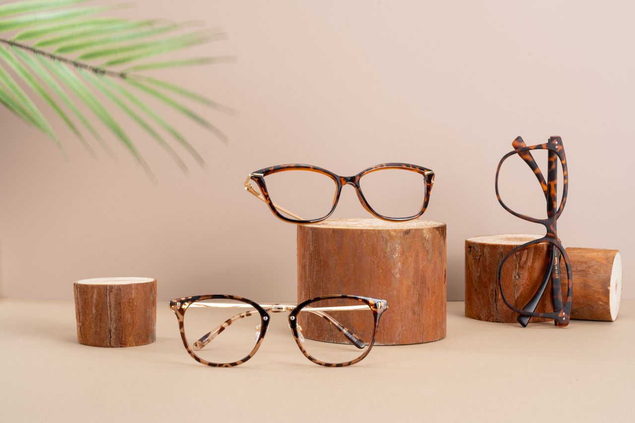 about-01 Chic glasses on wooden stands with a fern leaf backdrop, showcasing modern eyewear.